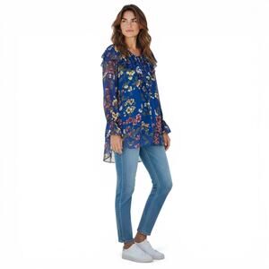 Victoria's Secret Vintage Gold Label Women Sheer Floral Ruffle Tunic Top S Blue